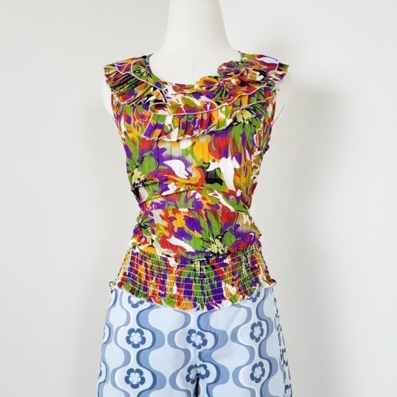 *Free with Purchase* Y2K Crinkle Tank Top Ruffle Colorful Floral Abstract - Picture 6 of 13